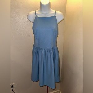 Blue backless halter dress with pockets